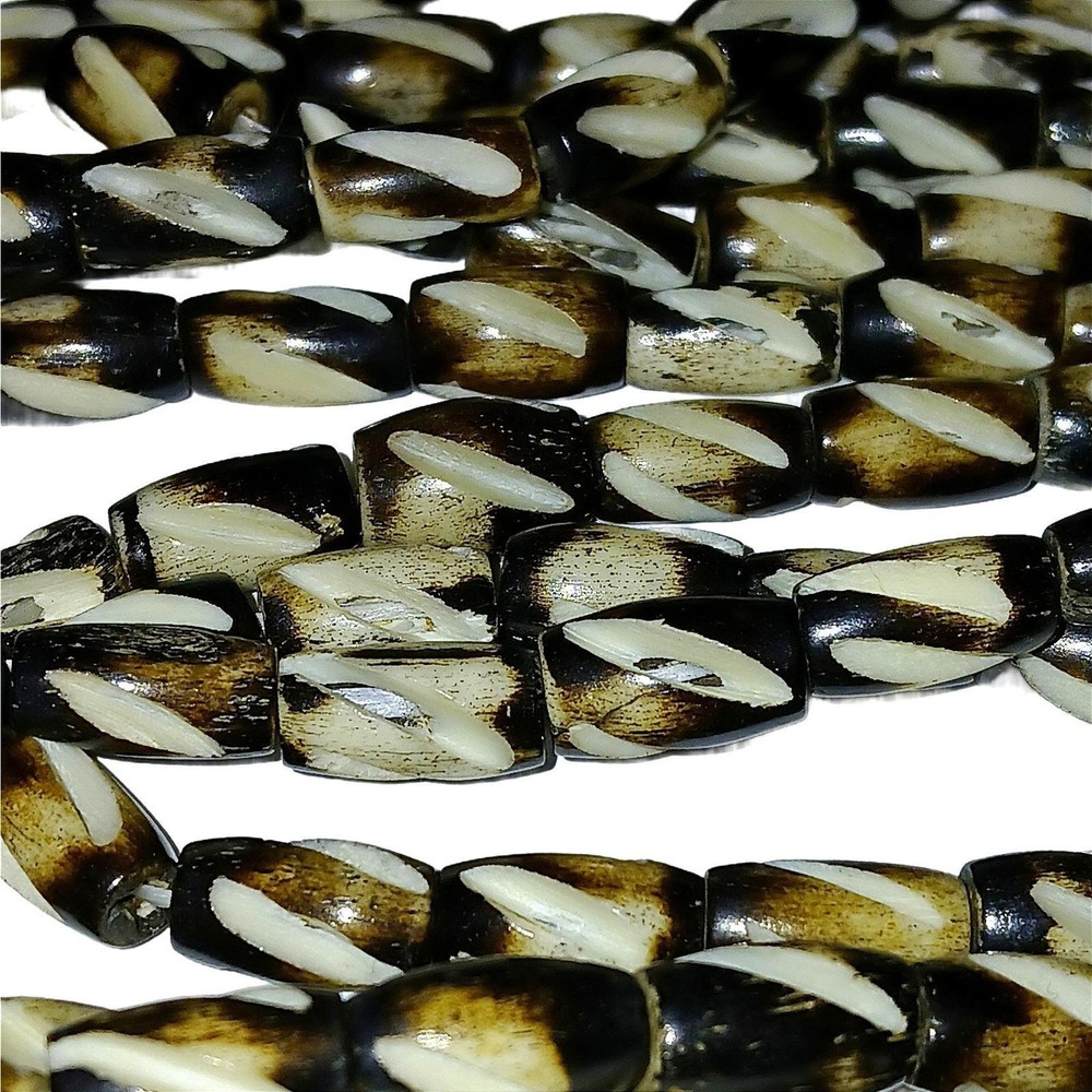 New- Hand Carved Bone Beads Brown Cream Diagonal Etched Barrel Tribal Strand